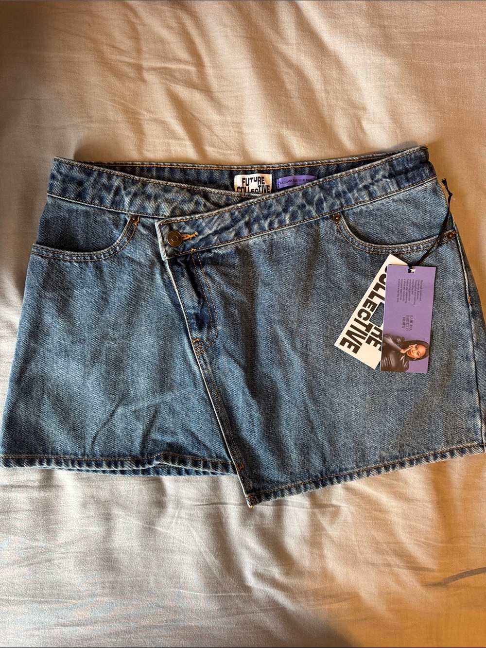 Future Collective x Kahlana Barfield Brown asymmetrical wrap denim mini skirt